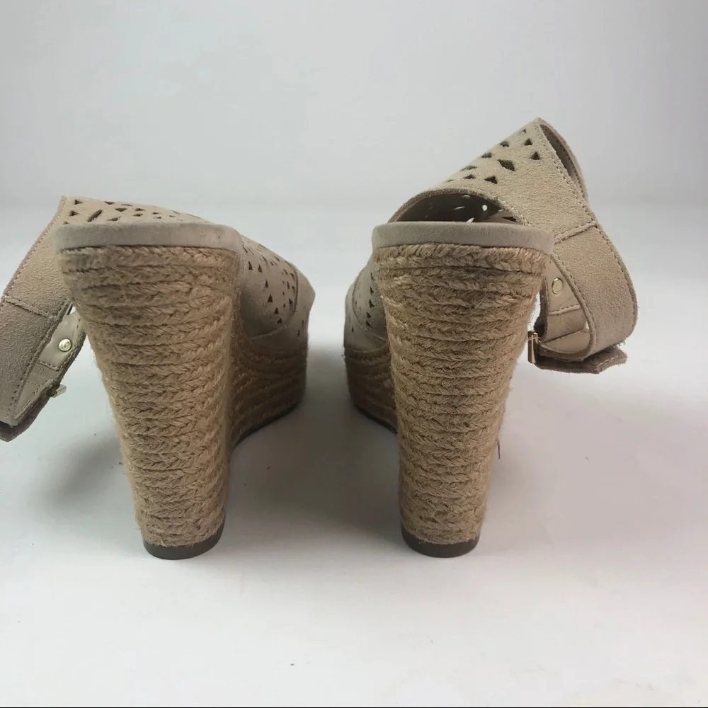 Marc Fisher Harlea Perforated Suede Wedge Espadrille Sandals beige tan neutral